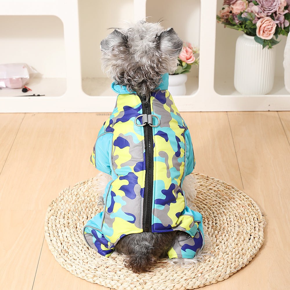 Reflective dog winter jacket, waterproof pet coat for cold weather walks & outdoor safety.