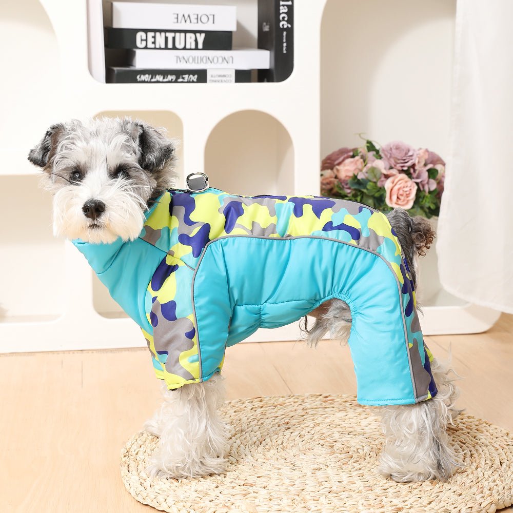 Waterproof dog jacket with reflective stripes. Warm pet apparel for winter outdoor adventures.