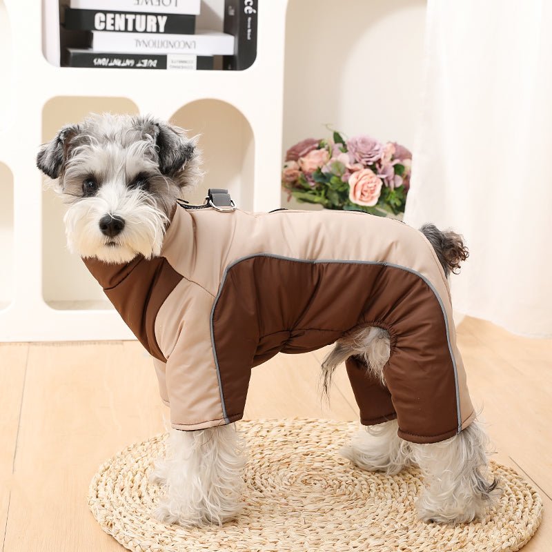 Outdoor dog jacket, waterproof & warm, with reflective stripes for visibility in winter.