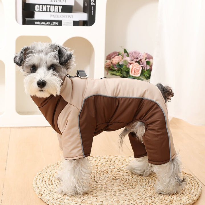 Outdoor dog jacket, waterproof & warm, with reflective stripes for visibility in winter.