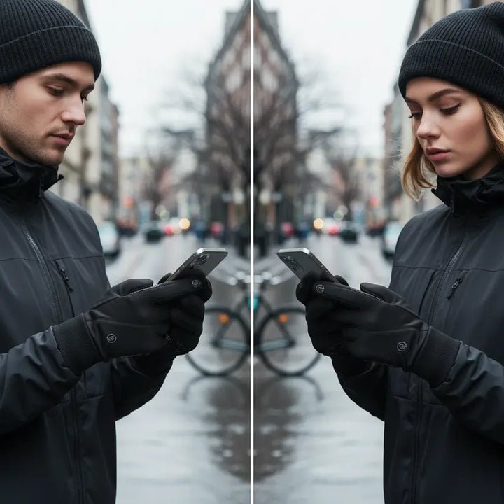 Warm, windproof touchscreen gloves for unisex adults, perfect for winter outdoor activities and phone use.