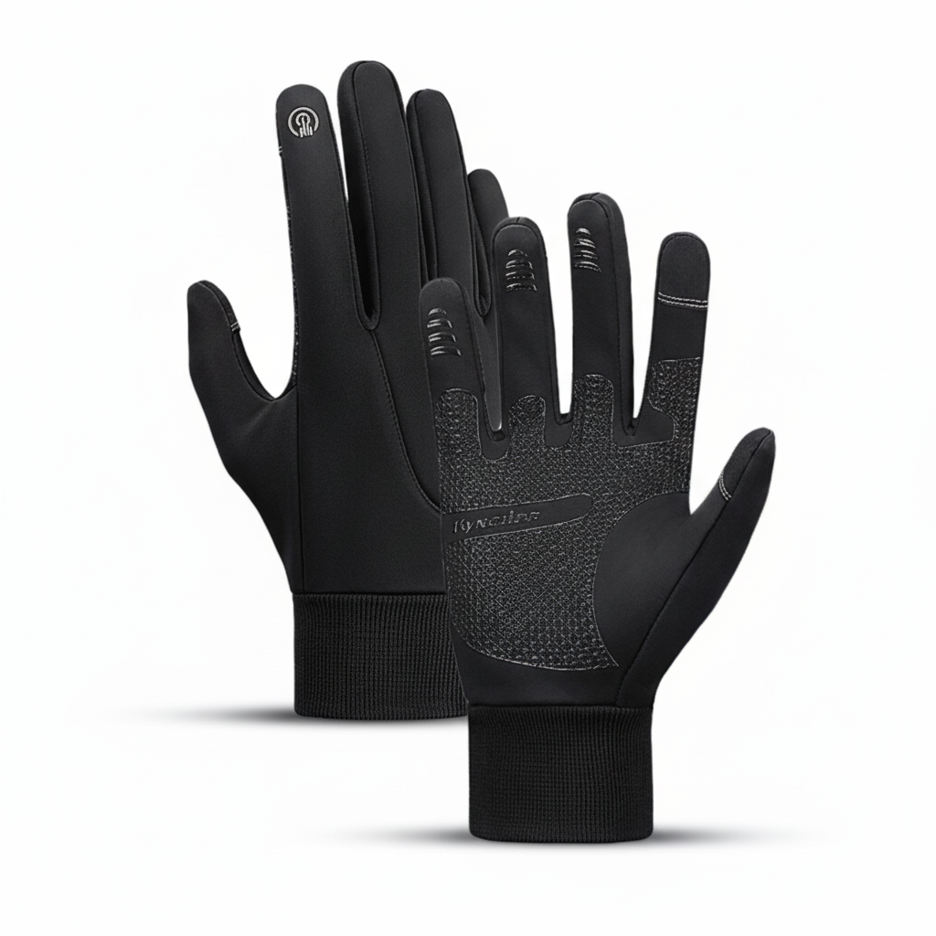 Black unisex windproof gloves with touchscreen capability for smartphones, ideal for winter season.