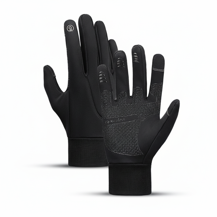 Black unisex windproof gloves with touchscreen capability for smartphones, ideal for winter season.