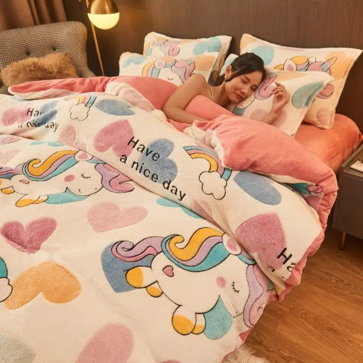 Cozy flannel duvet cover with plush velvet fleece texture. Enjoy warm, soft comfort in your winter bedroom.