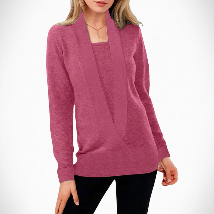 Close-up of a women's cozy knit sweater, Lotto model, showing fabric texture