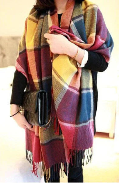 Cozy women's plaid cashmere scarf, soft and warm for winter, a stylish gift accessory.
