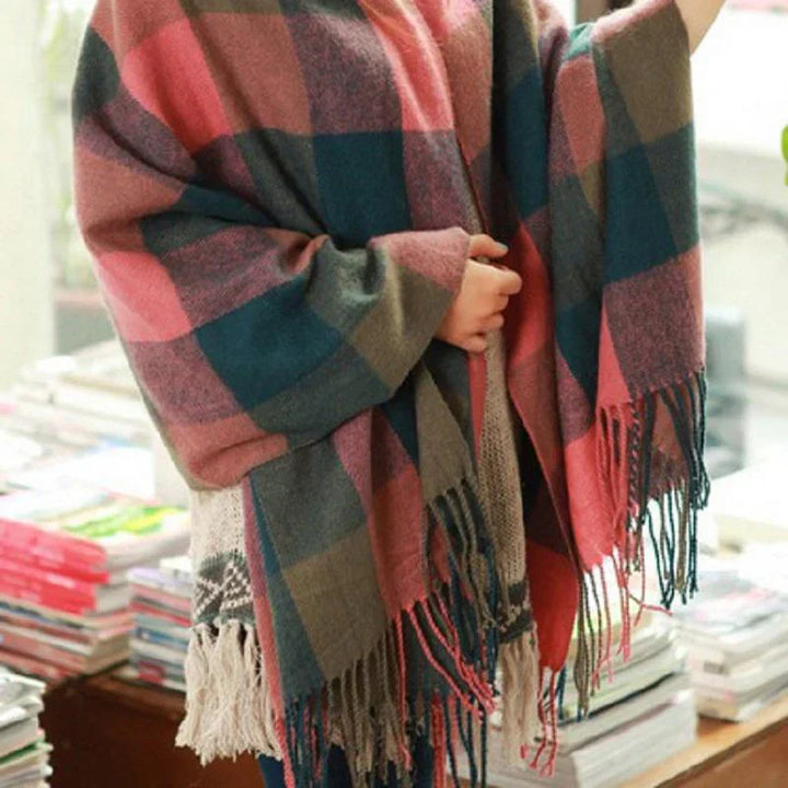 Fashionable women's cashmere scarf with a beautiful check pattern, great as a warm winter gift.
