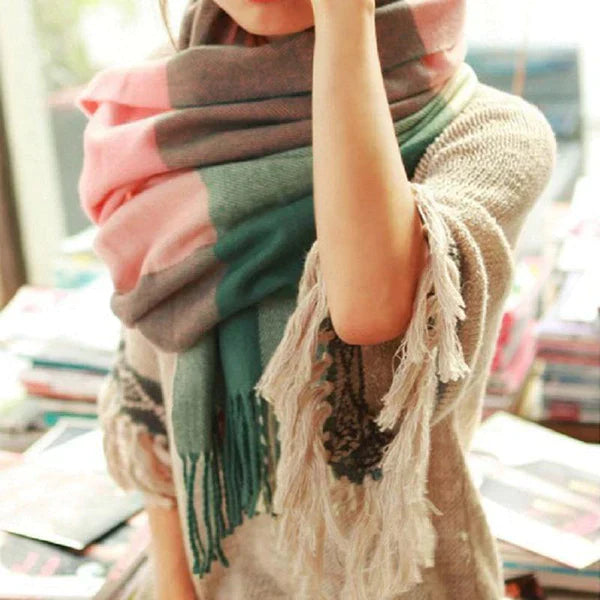 Stylish women's luxury cashmere plaid scarf, versatile and warm for everyday winter wear.