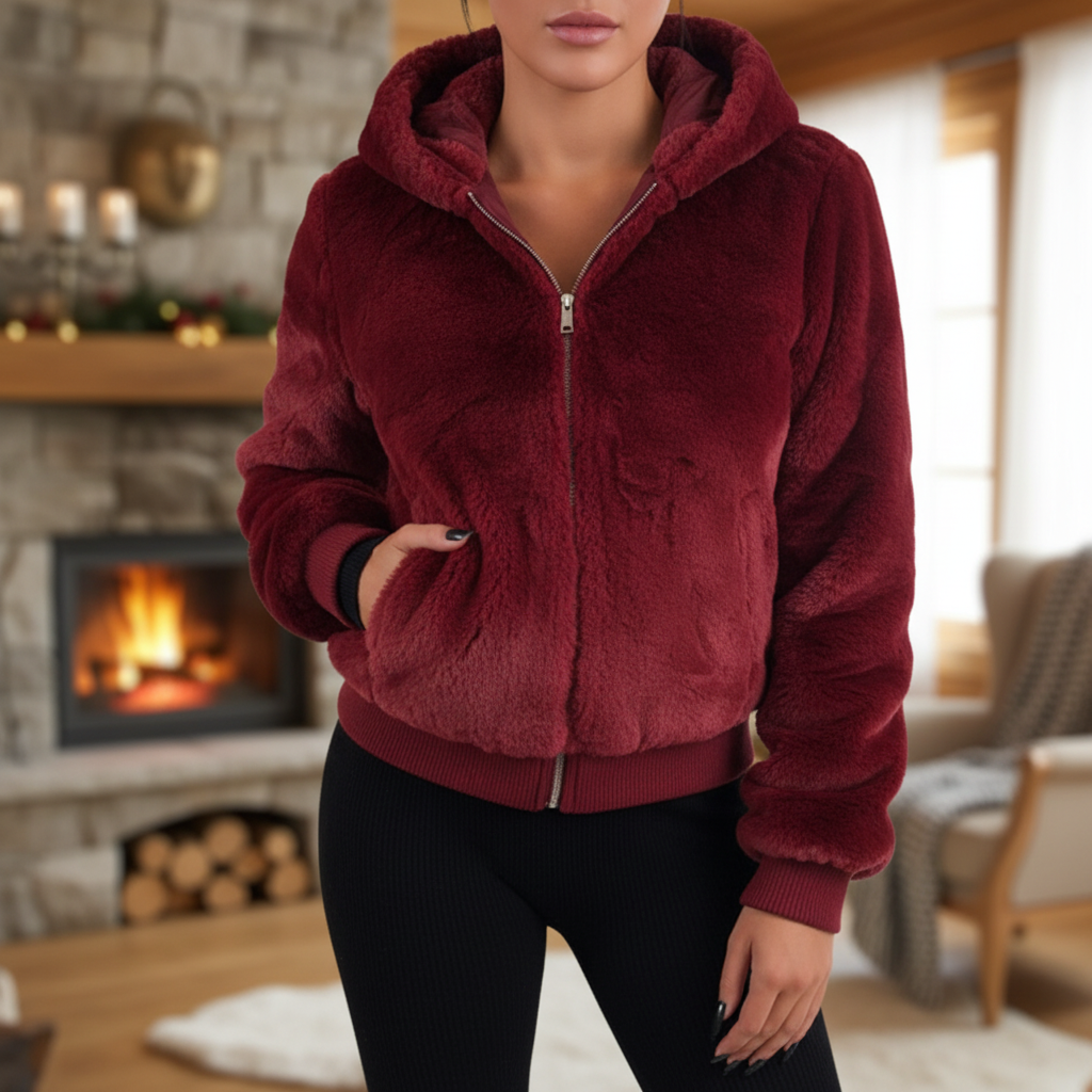 Warm women's plush hooded vest in Christina style, perfect winter faux fur gilet outerwear.