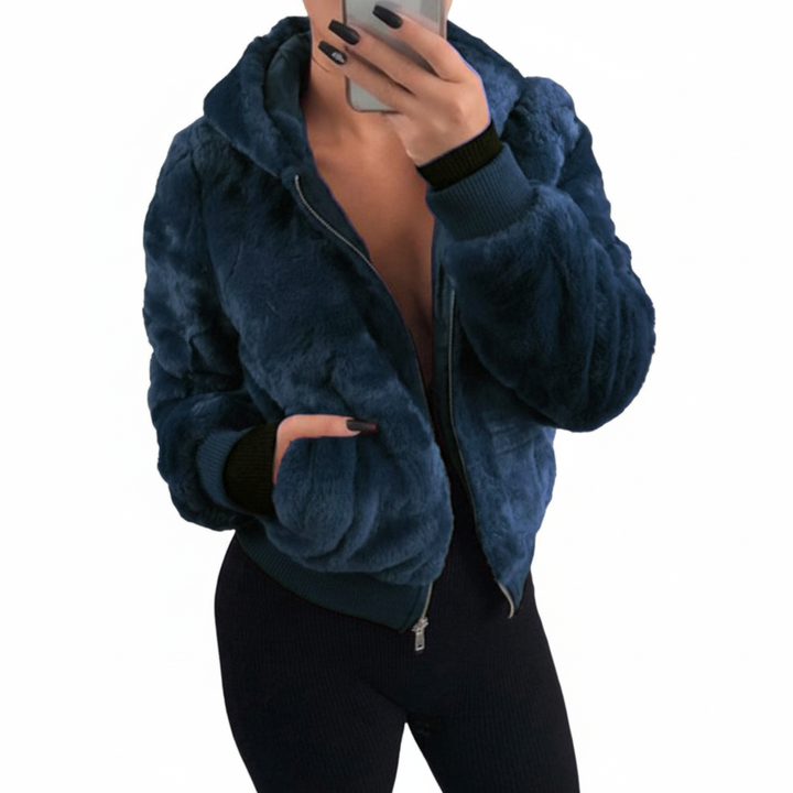 Stylish women's hooded plush gilet by Christina, warm faux fur vest, perfect for cold days.