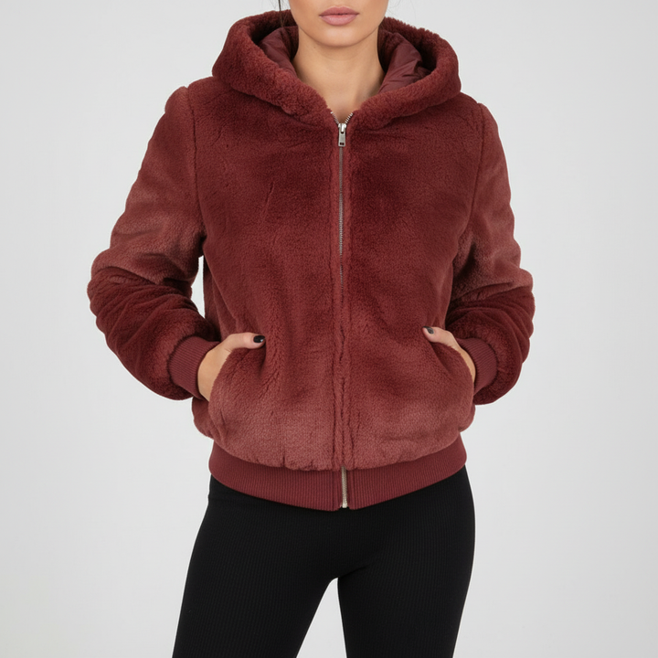 Christina women's hooded plush vest, cozy faux fur outerwear for cold weather, super soft.
