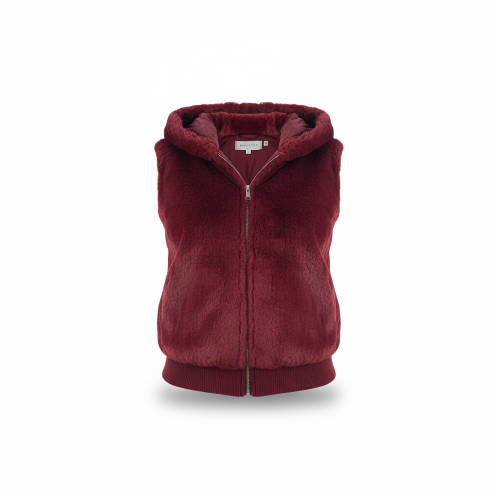 Hooded plush women's vest, Christina style, elegant faux fur outerwear, perfect for layering.