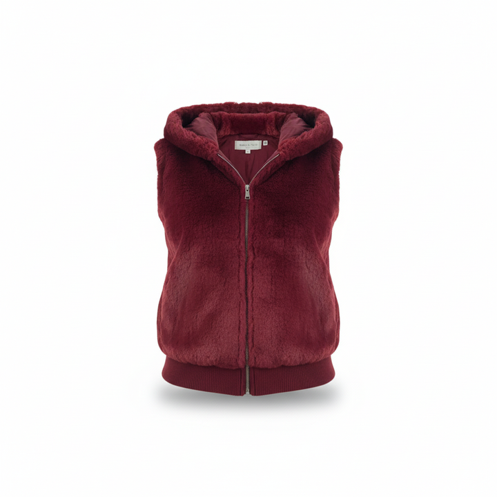 Hooded plush women's vest, Christina style, elegant faux fur outerwear, perfect for layering.