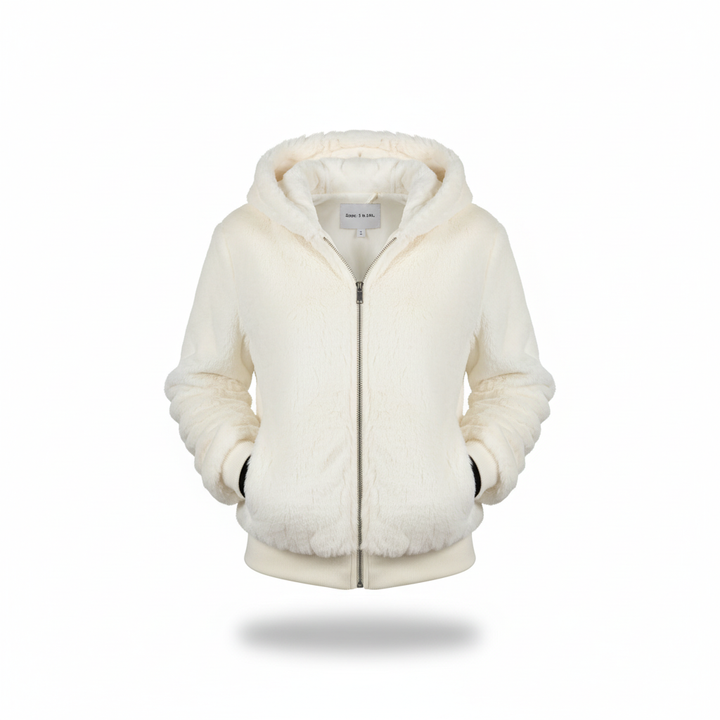 Christina branded women's plush hooded vest, a stylish and warm faux fur winter gilet.