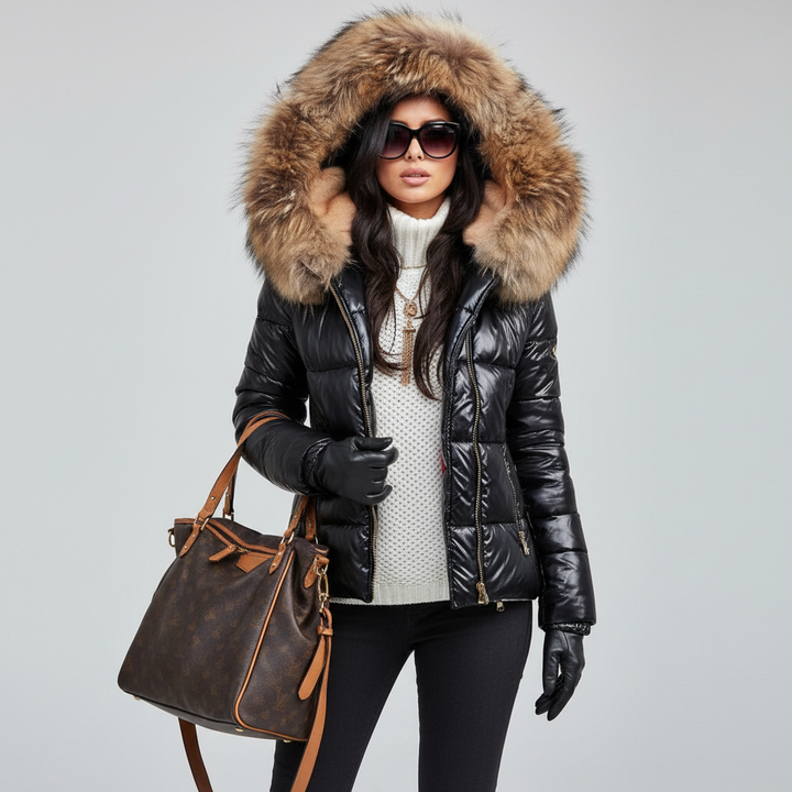 Stylish padded women's jacket, wind & water resistant, with cozy faux fur hood.