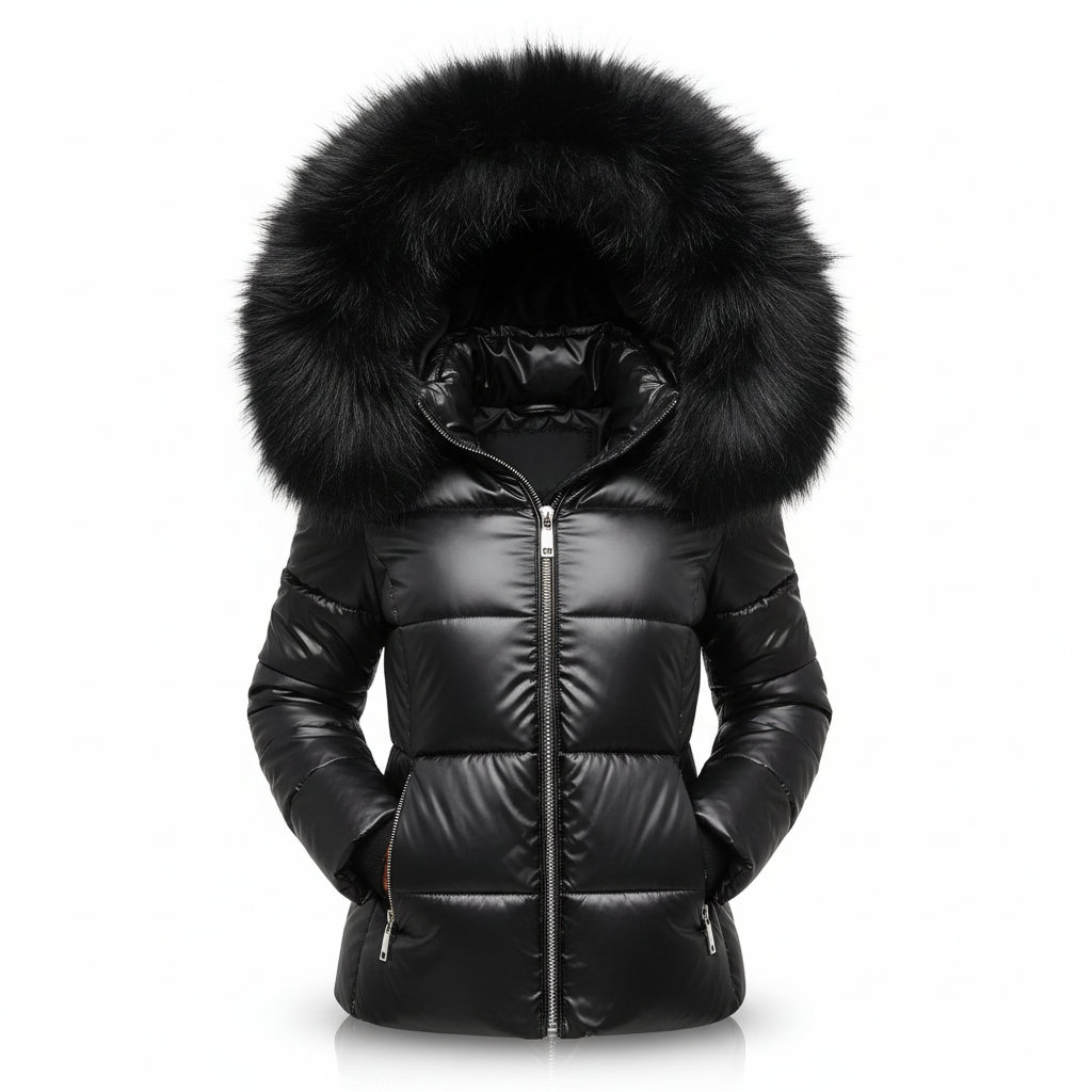 Side view of a warm women's winter jacket with an elegant faux fur trim on the hood.