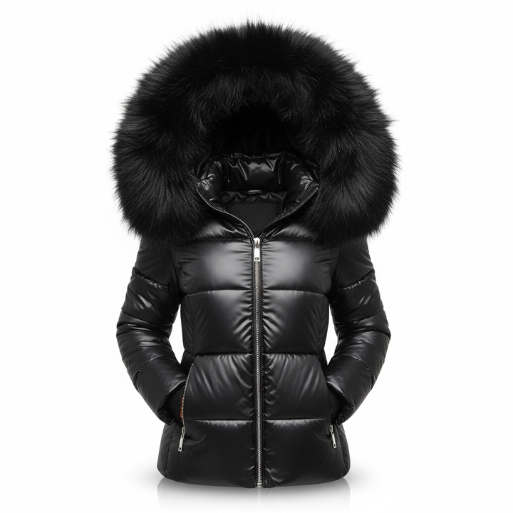 Side view of a warm women's winter jacket with an elegant faux fur trim on the hood.