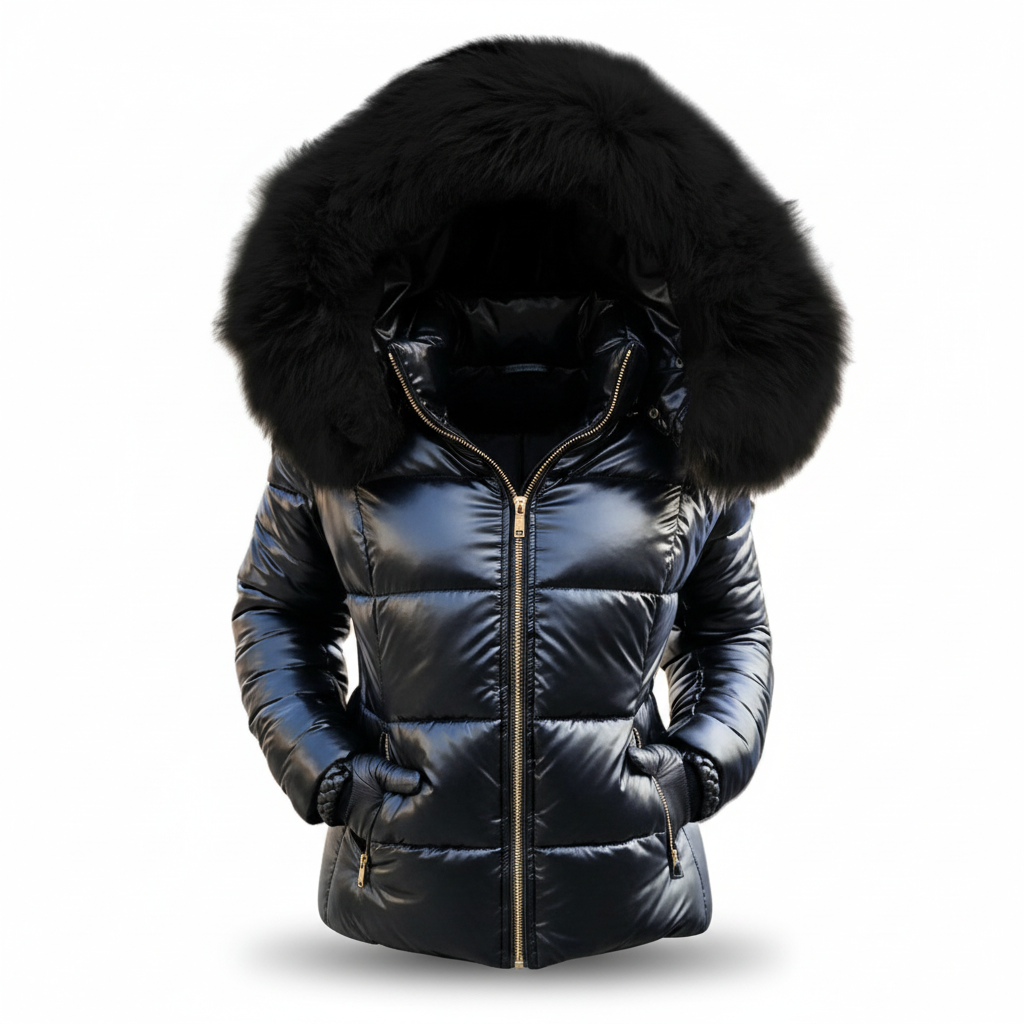 Comfortable women's outerwear, thick and padded, with a detachable faux fur hood.