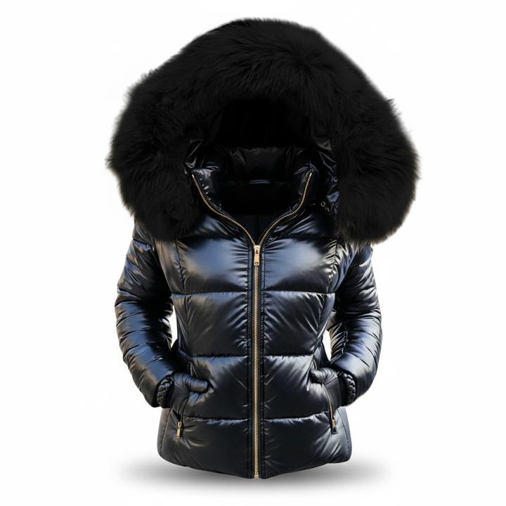 Comfortable women's outerwear, thick and padded, with a detachable faux fur hood.