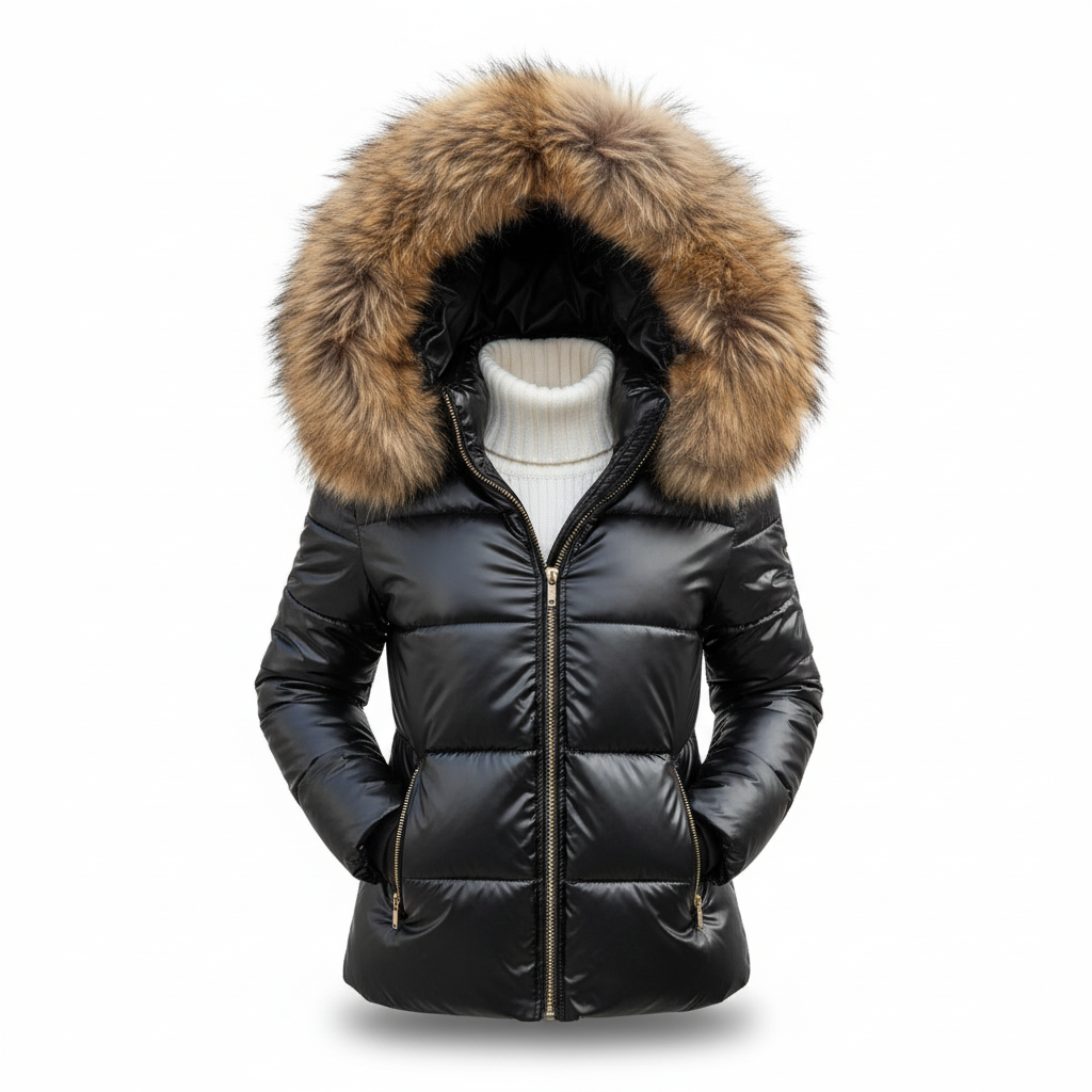 Fashionable women's winter jacket, windproof and water-resistant, with faux fur hood detail.