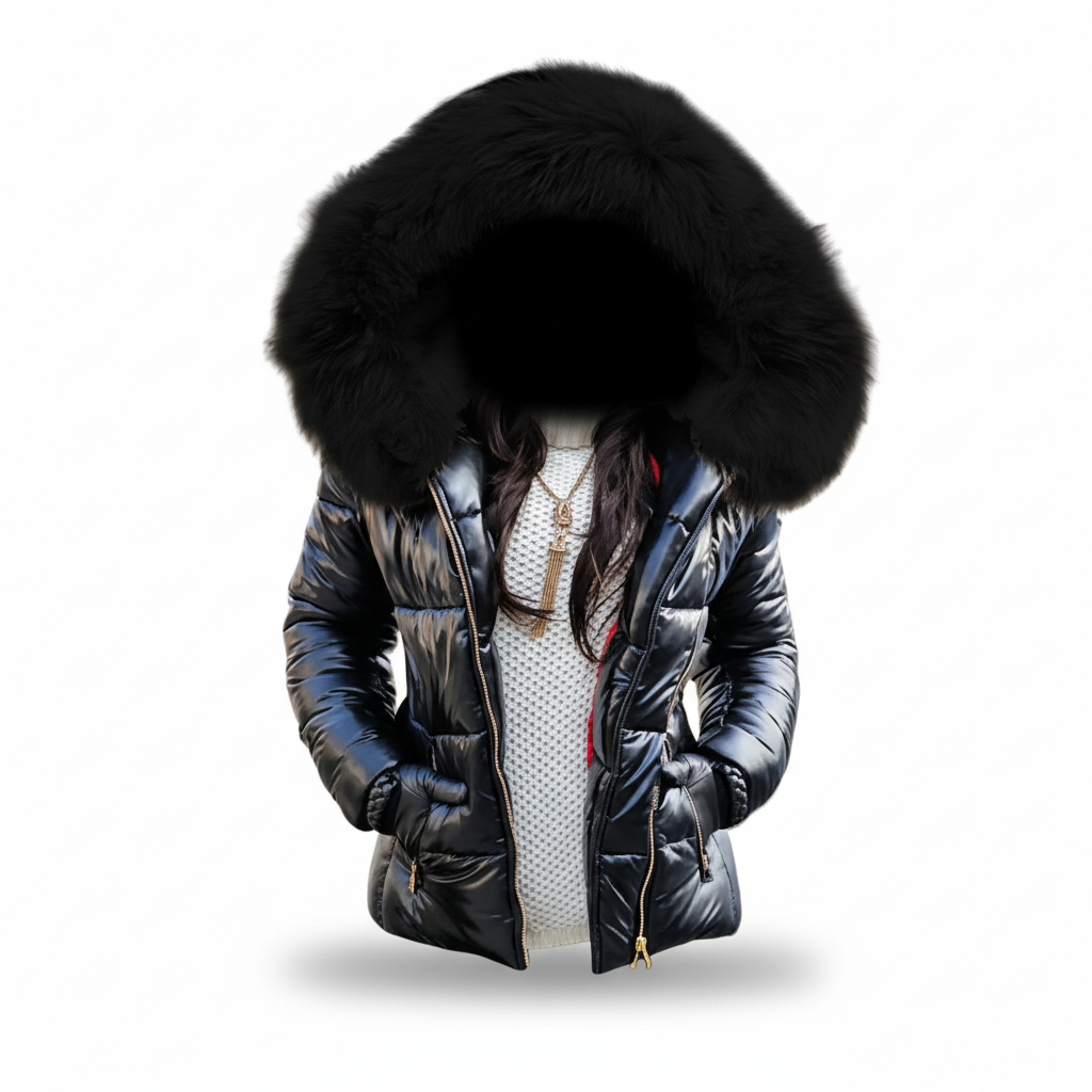 Close-up of the faux fur hood on a thick women's winter jacket, enhancing warmth.