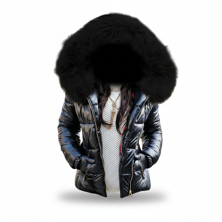 Close-up of the faux fur hood on a thick women's winter jacket, enhancing warmth.