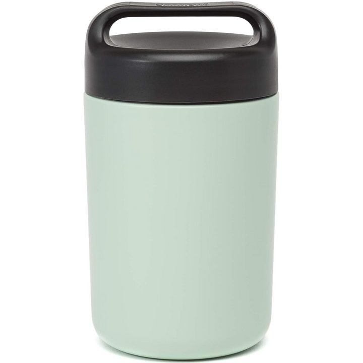 Top view of WarmCarry stainless steel insulated food container with handle and logo