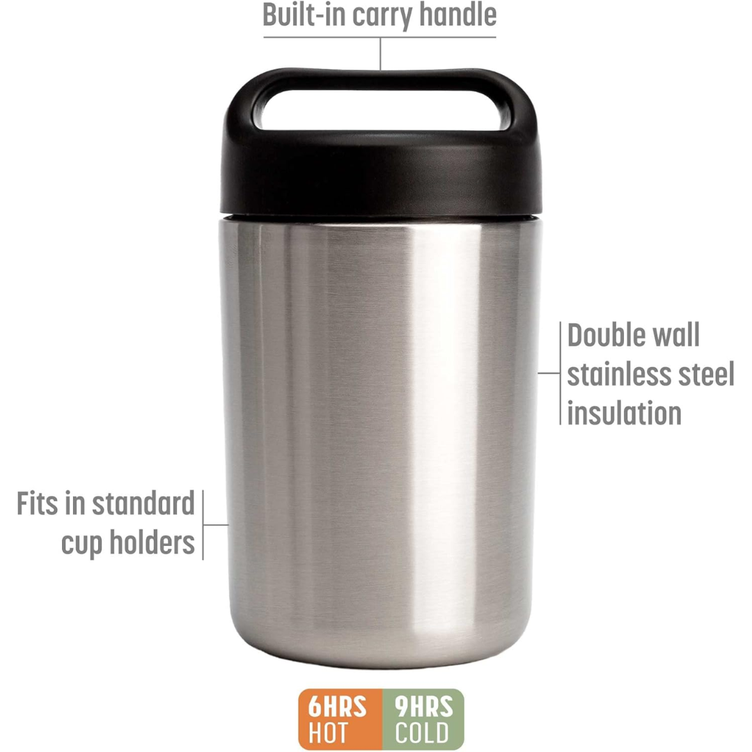 WarmCarry insulated food container, stainless steel, open with food inside, meal prep