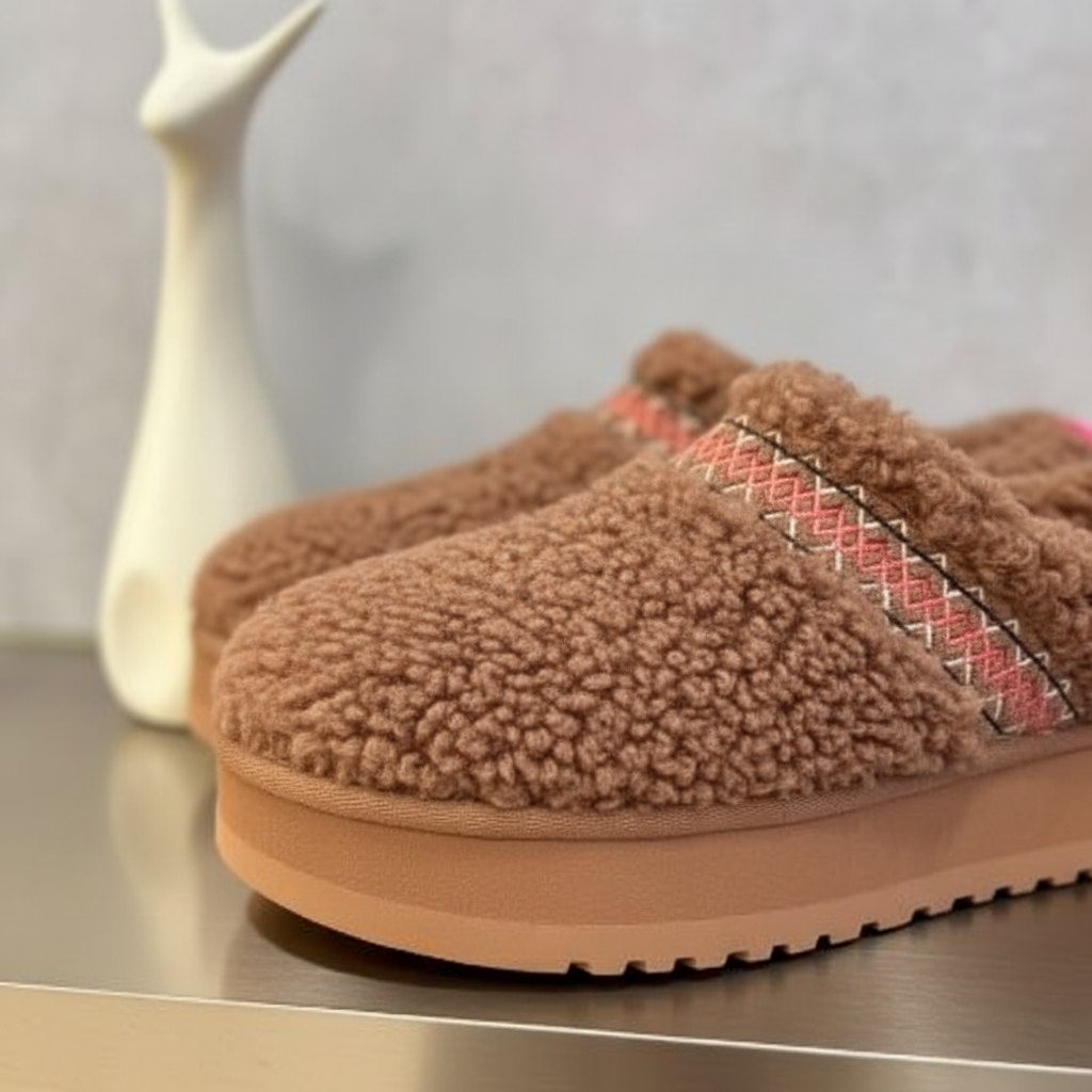 Close-up of fluffy gray women's loungewear slippers, offering ultimate cozy comfort