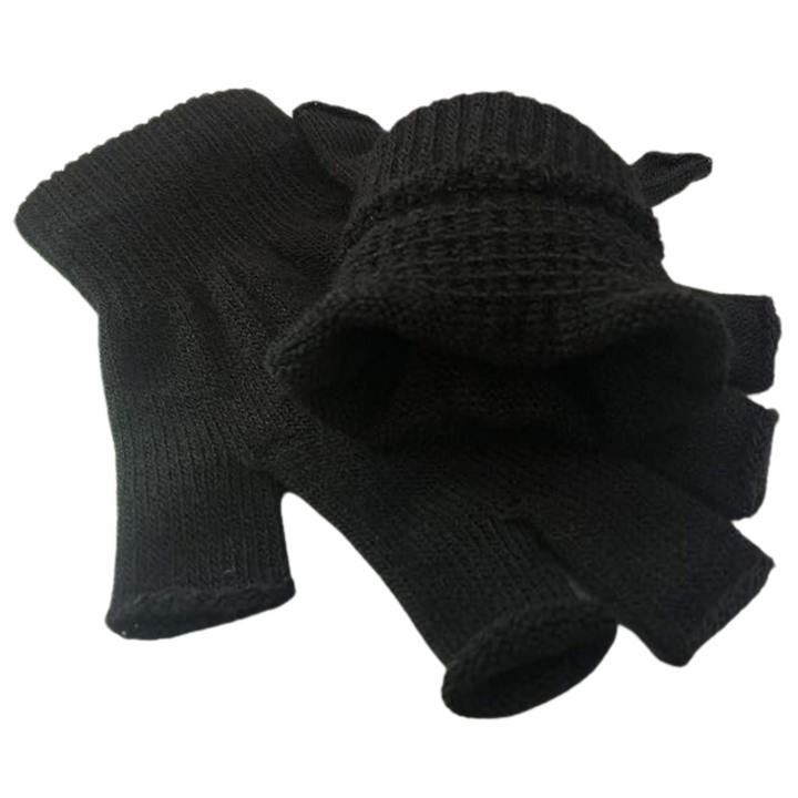 Close-up of a pair of gray knitted fingerless gloves, essential winter accessories