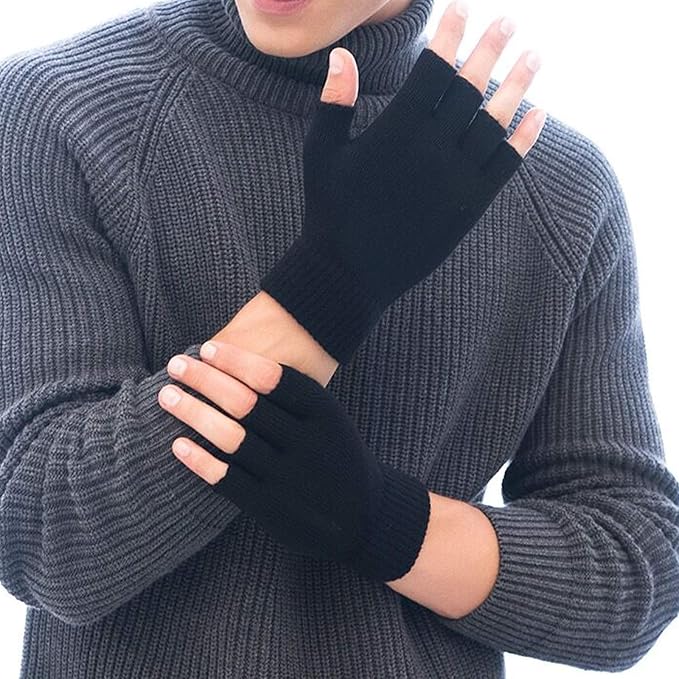 Model wearing gray knitted fingerless gloves from the WarmFlex 2-pack set, keeping hands warm