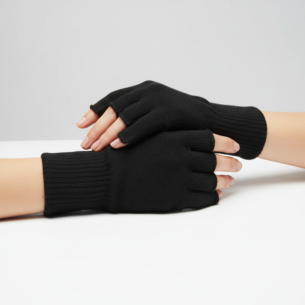 Close-up of a pair of WarmFlex knitted fingerless gloves, ideal for winter accessories