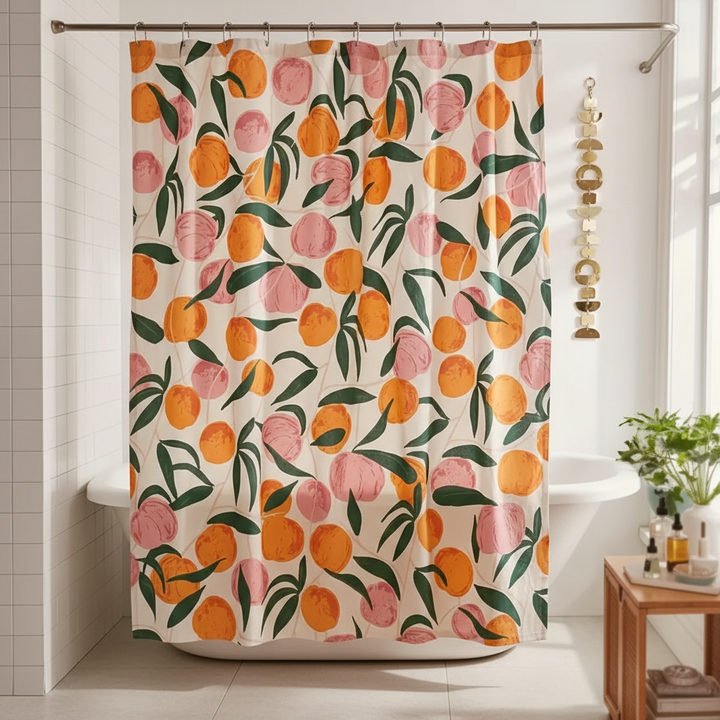 Water-repellent peach print shower curtain, modern bathroom decor, easy care polyester