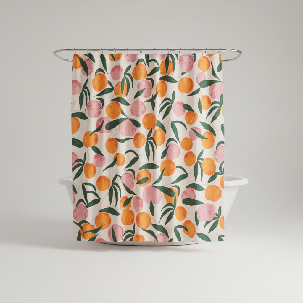 Modern home decor: Easy care peach print shower curtain for a fresh bathroom look