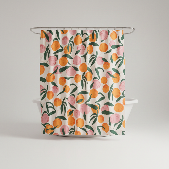 Modern home decor: Easy care peach print shower curtain for a fresh bathroom look