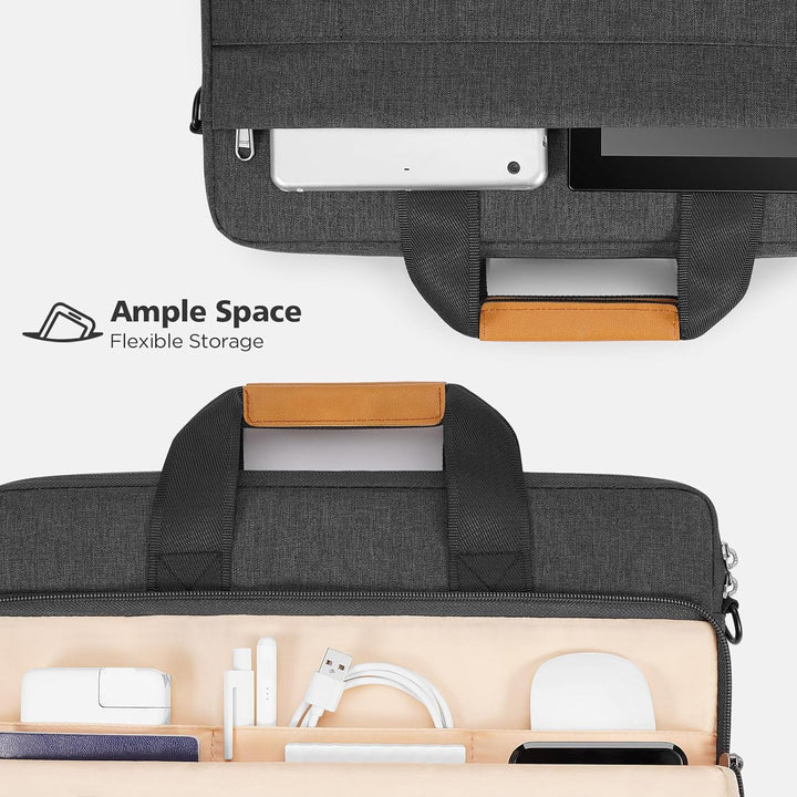 Sleek water-resistant laptop shoulder bag, 360° protective, perfect for business or leisure.