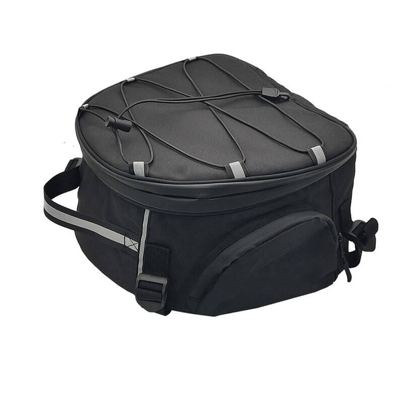 Water-resistant motorcycle gear bag, black, multiple compartments for rider accessories