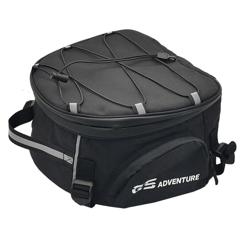 Black motorcycle luggage bag, weather-resistant, ideal for helmet and riding gear transport