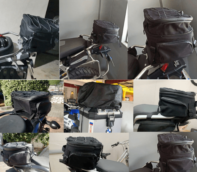 Versatile motorcycle gear bag, shown packed with rider essentials, ready for a road trip