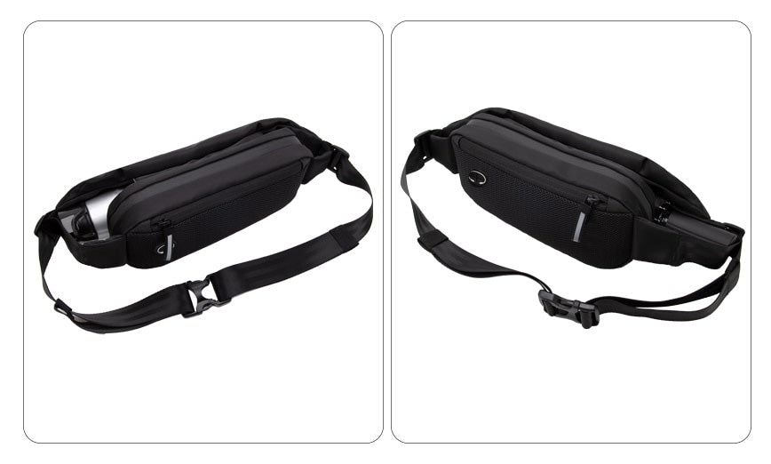 Comfortable, water-resistant waist bag; ideal accessory for hands-free sport & travel.