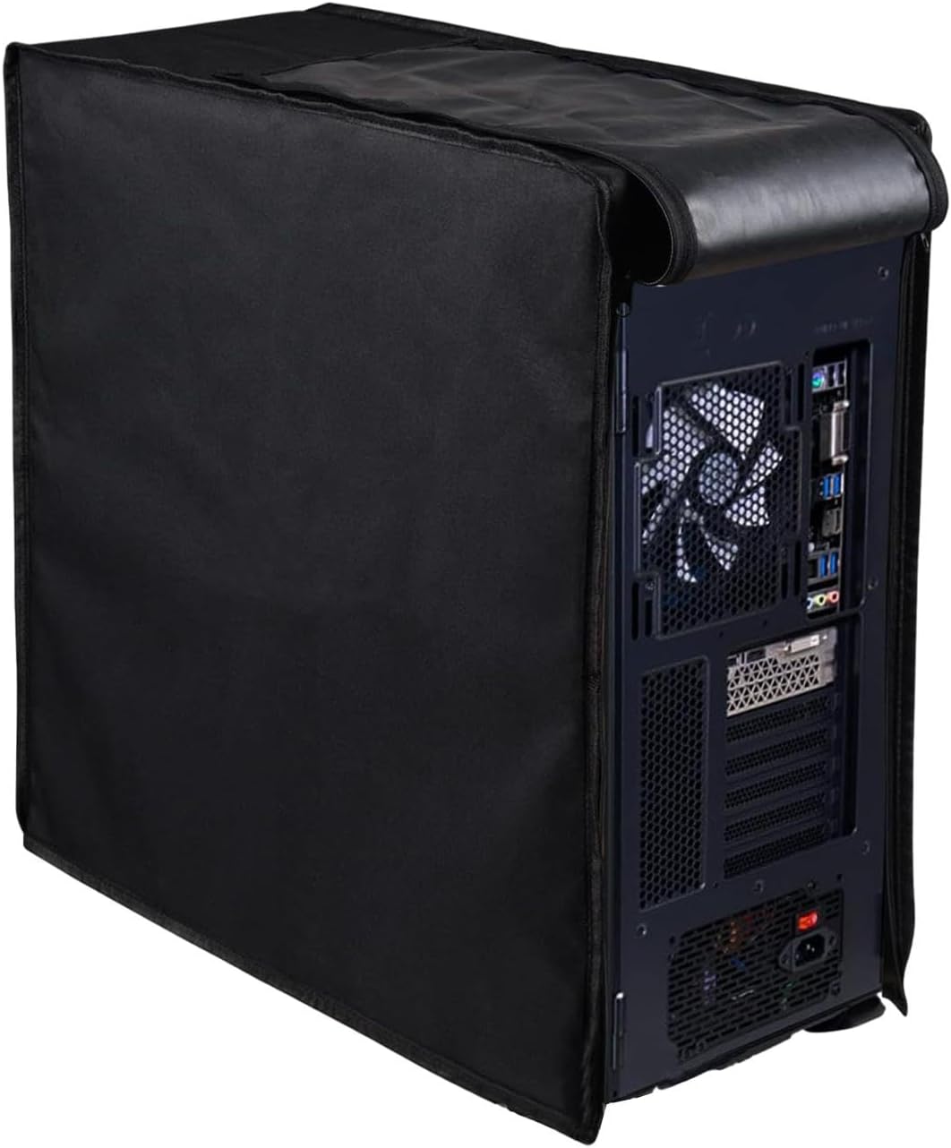 Waterproof computer tower dust cover, black, with zippers, protecting a desktop PC CPU.