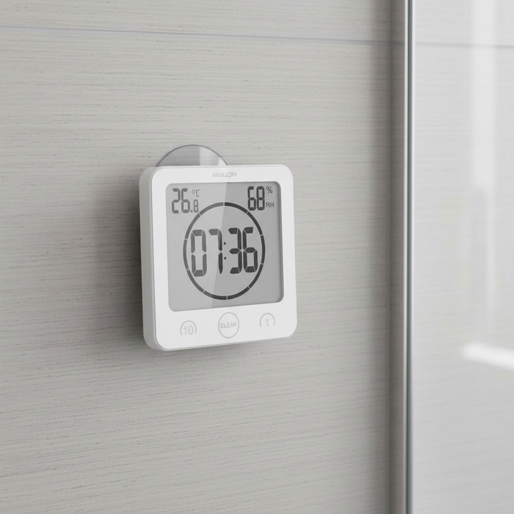 Waterproof digital shower timer with large display, suction cup mount, ideal for water saving in bathrooms