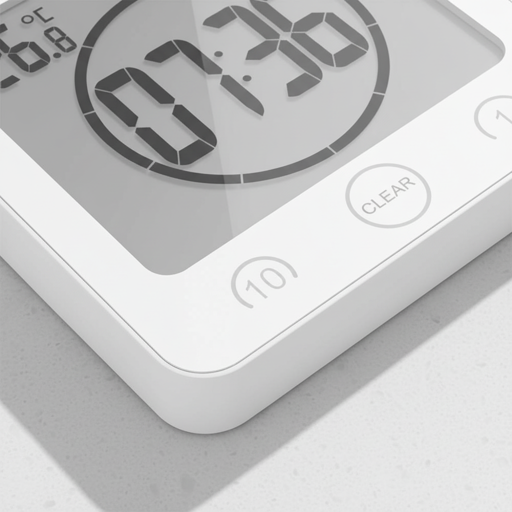 Eco-friendly digital shower timer with strong suction cup, mounted on a sleek bathroom tile, saves water & energy