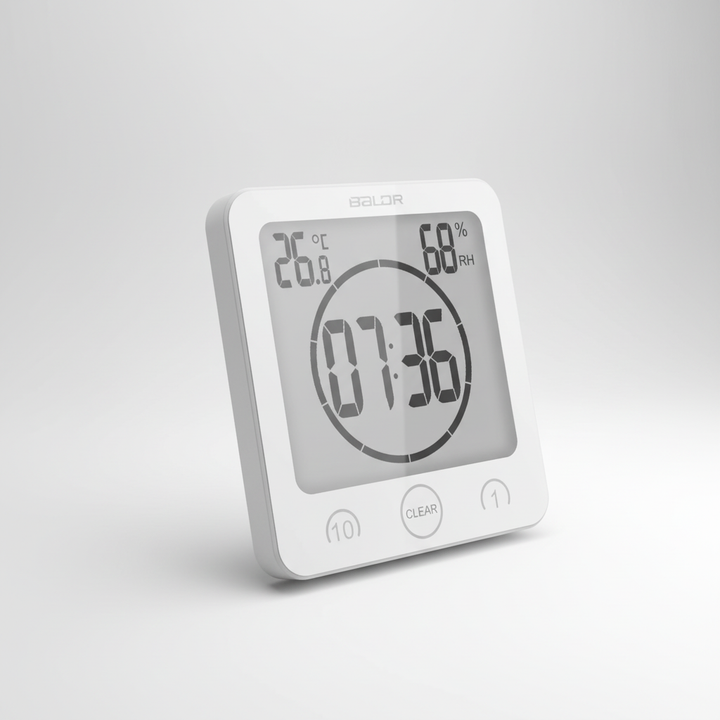 Compact digital shower timer for bathrooms, featuring a durable waterproof design and convenient suction cup