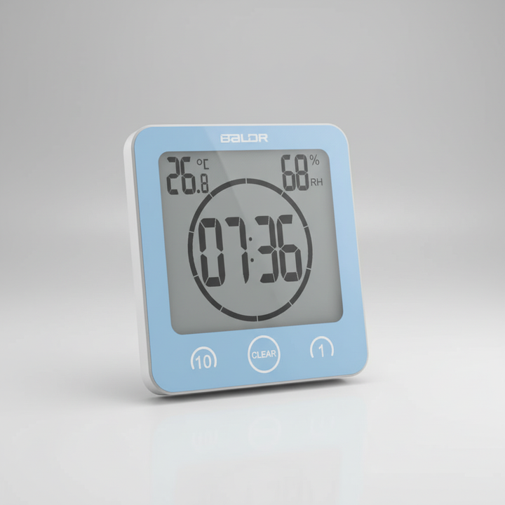 Water saving SplashClock shower timer with suction cup, white and gray design, perfect for any eco-conscious home
