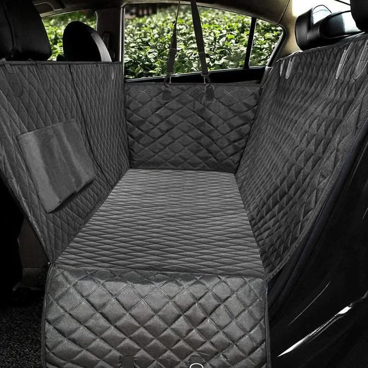Black pet car seat protector for dogs with hammock style, perfect for vehicle backseat travel and easy installation.