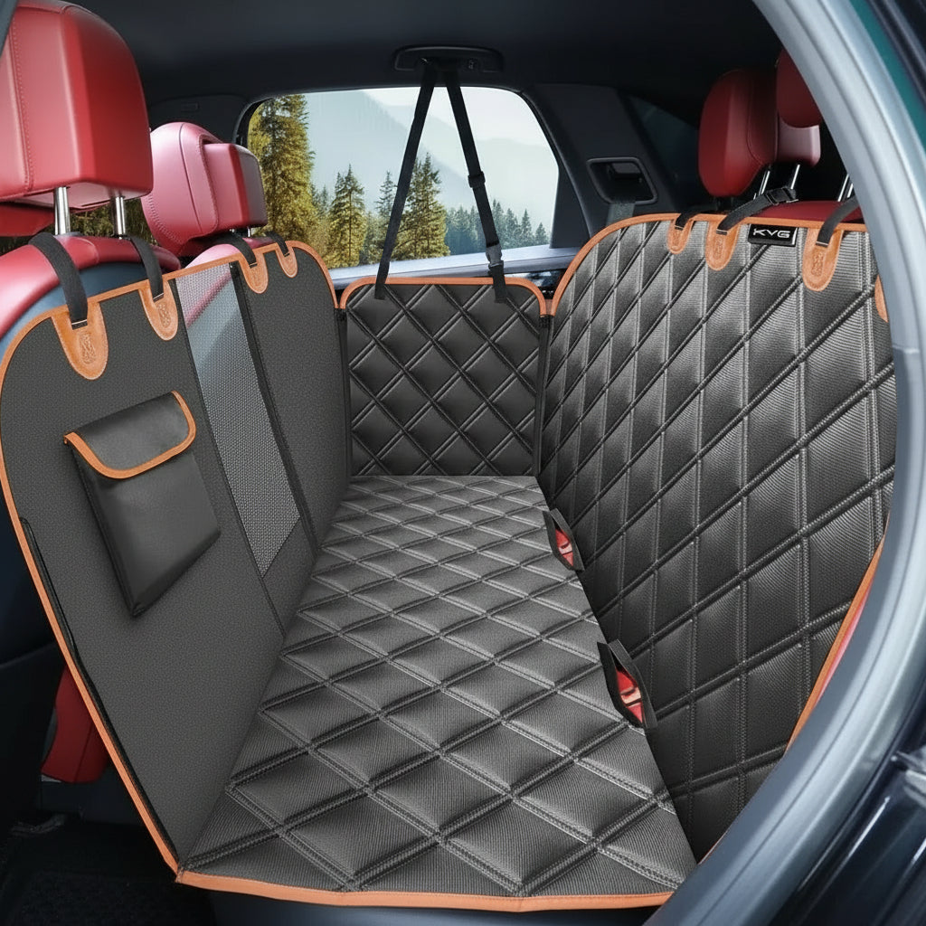Heavy-duty, waterproof dog seat cover for cars, providing backseat protection and comfort for pets on journeys.