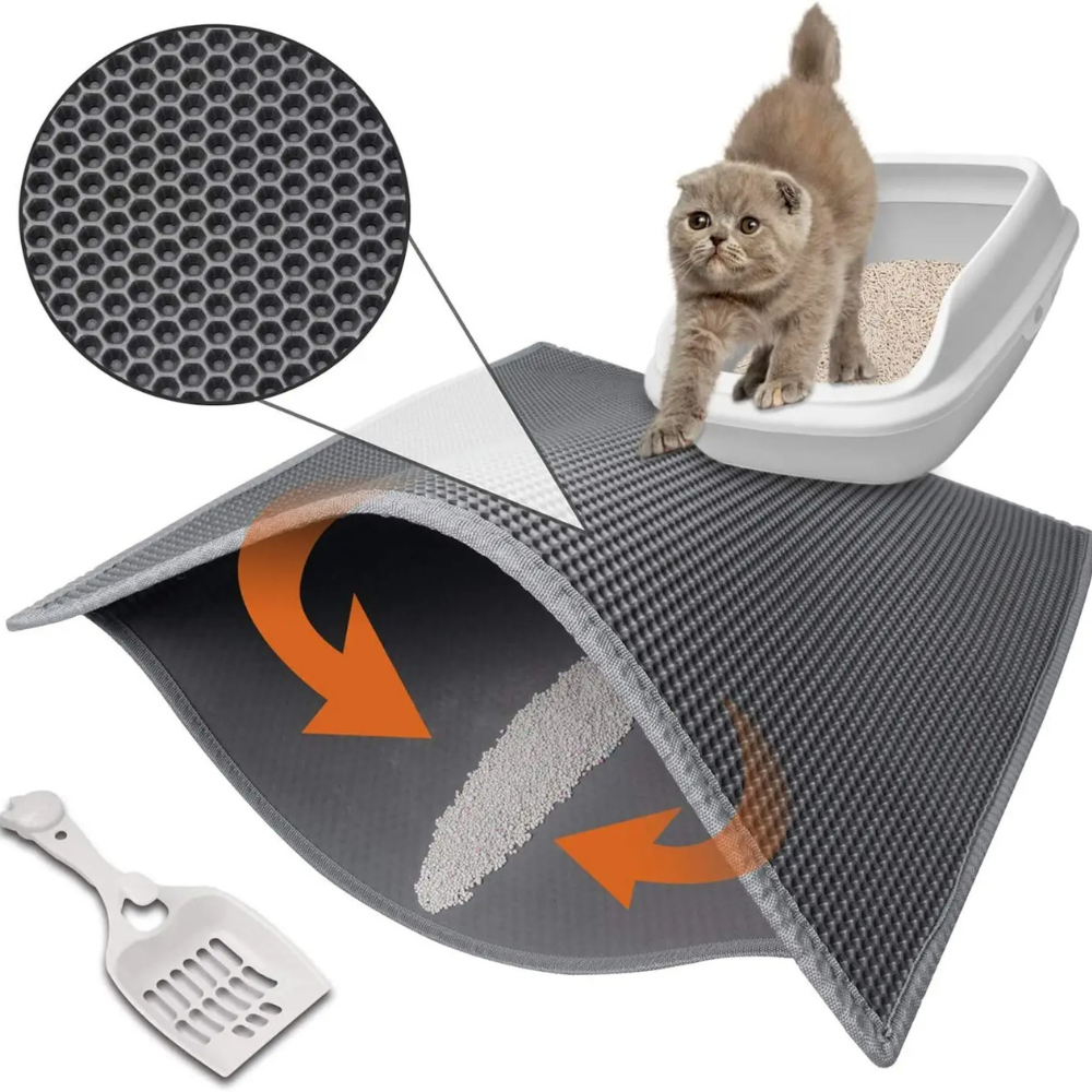 Waterproof double layer cat litter mat, traps scattered litter, easy to clean, non-slip EVA pet accessory.