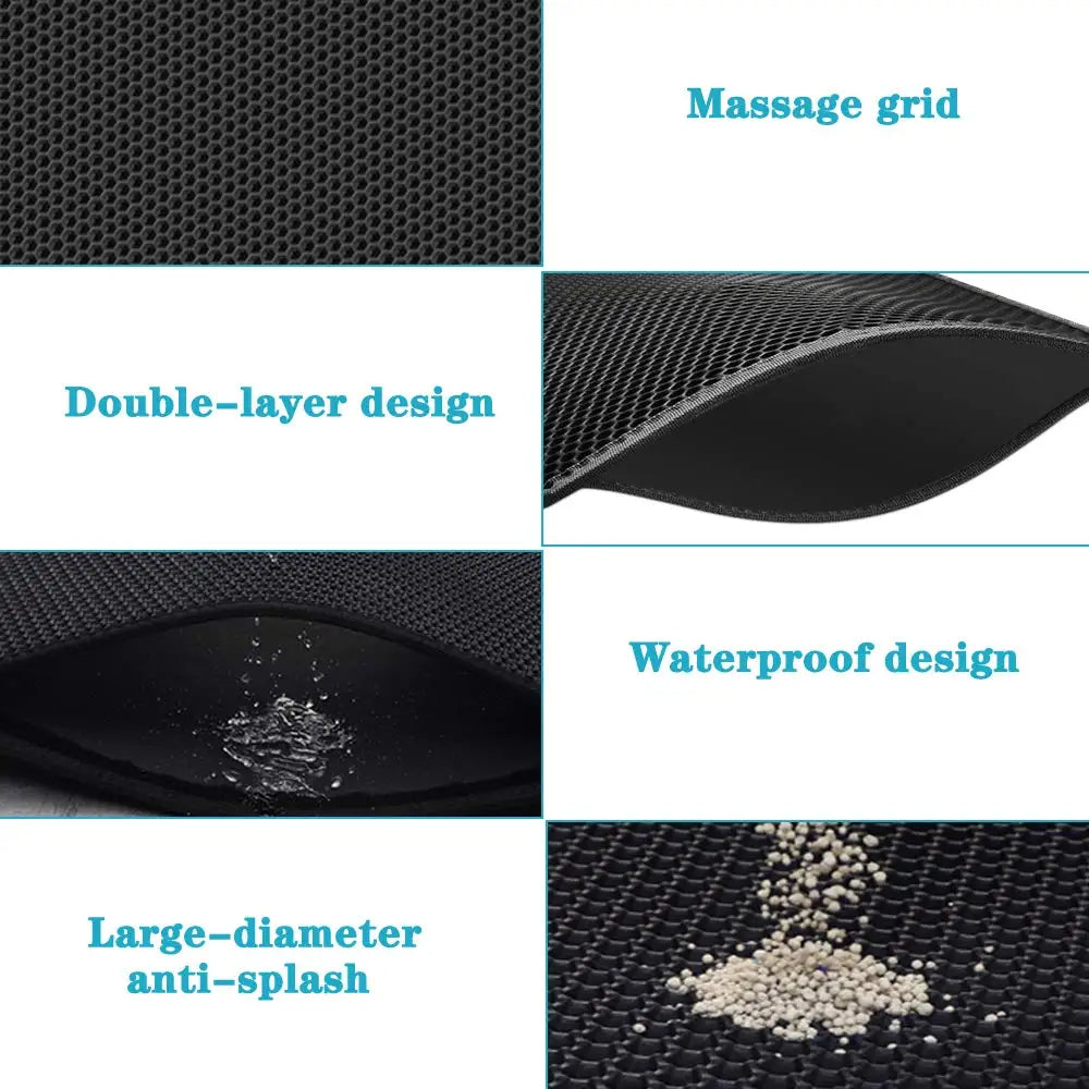 Double layer cat litter trapping mat with honeycomb design, waterproof, non-slip, essential pet supply.