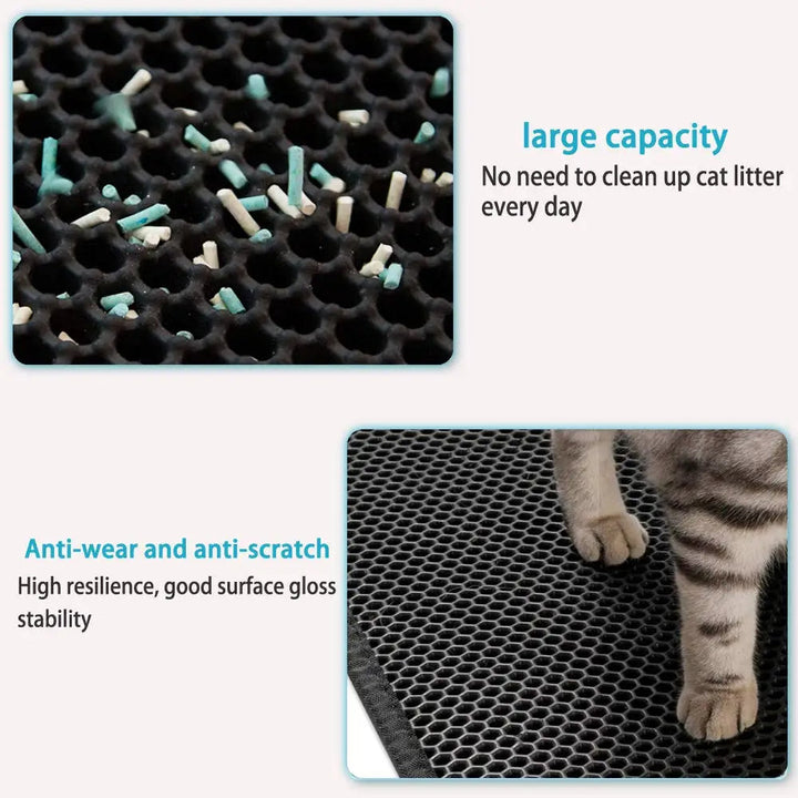 Comfortable non-slip cat litter mat, double layer traps mess, waterproof for happy pets & clean homes.
